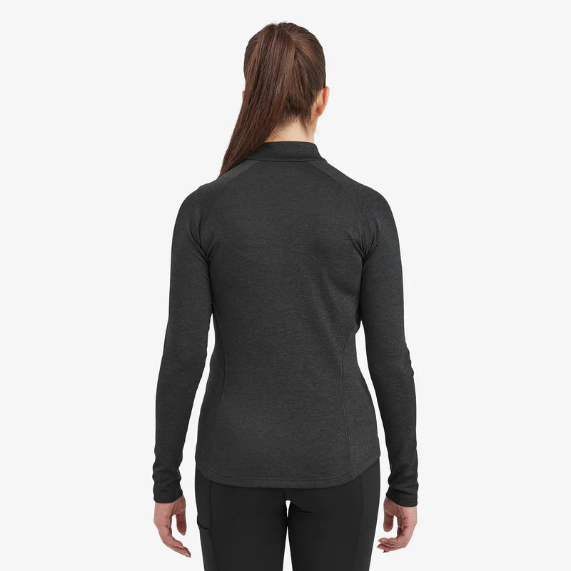 Dart Zip Neck - Women by Montane in dark grey recycled fabric, breathable technical baselayer for all-season outdoor use