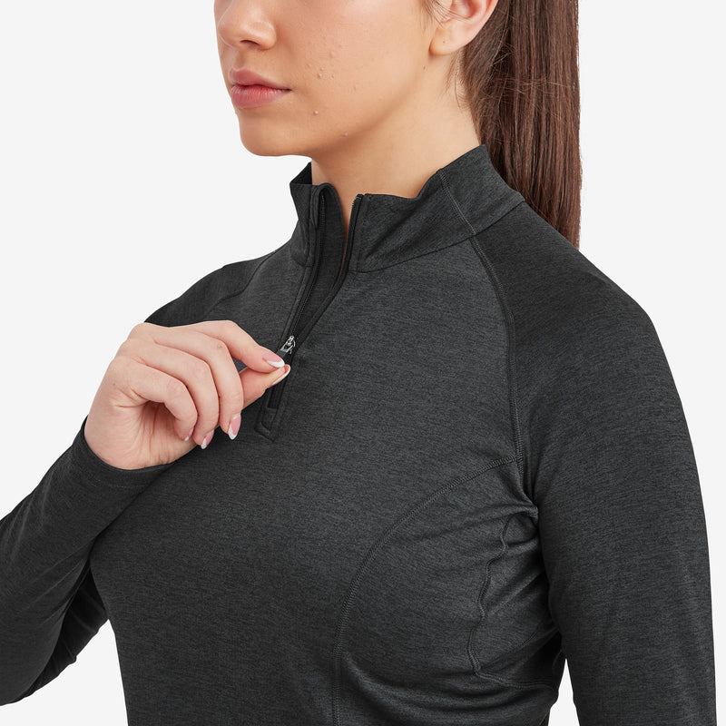 Dart Zip Neck - Women by Montane in dark grey, all-season technical baselayer with recycled fabric, warmth, wicking, and breathability