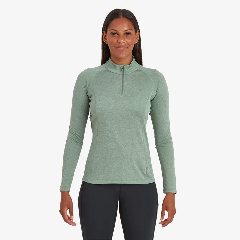Dart Zip Neck - Women by Montane in green, recycled APEX ECO fabric, warm, breathable baselayer for all-mountain use