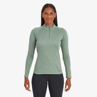 Dart Zip Neck - Women by Montane in green, recycled APEX ECO fabric, warm, breathable baselayer for all-mountain use