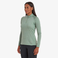 Dart Zip Neck - Women by Montane in green, all-season technical baselayer with recycled fabric, warmth, breathability, and moisture wicking