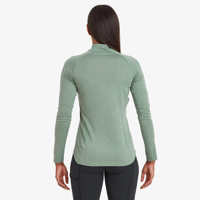 Dart Zip Neck - Women by Montane in soft green, all-mountain technical baselayer with recycled fabric, warmth, wicking, and breathability