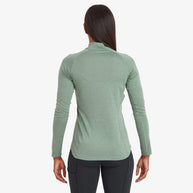 Dart Zip Neck - Women by Montane in soft green, all-mountain technical baselayer with recycled fabric, warmth, wicking, and breathability