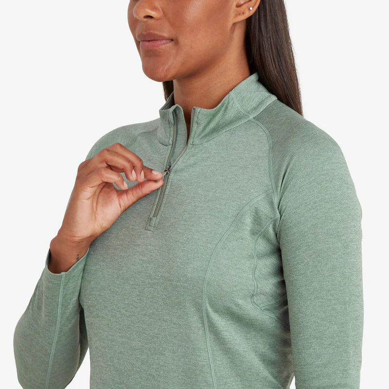 Dart Zip Neck - Women by Montane in sage green, technical baselayer with recycled fabric, warmth, breathability, and moisture wicking