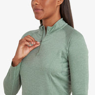 Dart Zip Neck - Women by Montane in sage green, technical baselayer with recycled fabric, warmth, breathability, and moisture wicking
