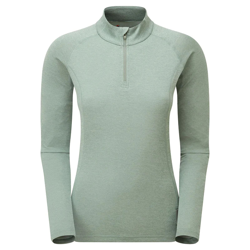 Dart Zip Neck - Women in light green by Montane, recycled fabric baselayer with zip neck, warmth, breathability, and moisture wicking