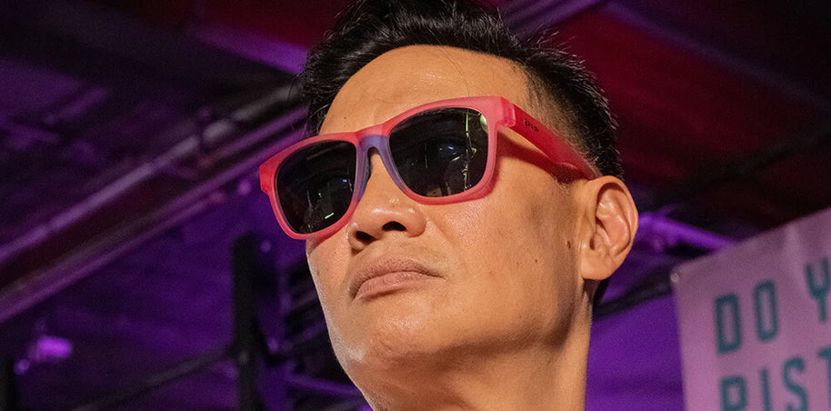 Do You Even Pistol, Flamingo? by Goodr in pink frames with teal polarized lenses, lightweight glasses ideal for sweating and pistol workouts