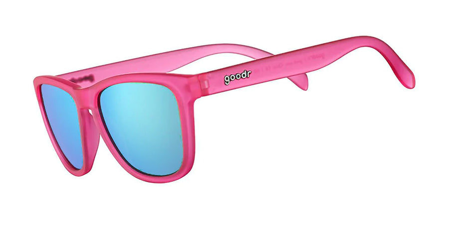 Flamingos On A Booze Cruise by Goodr in bright pink with teal lenses, lightweight running glasses inspired by flamingo colors for outdoor use