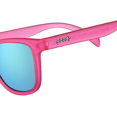 Flamingos On A Booze Cruise by Goodr in bright pink with teal lenses, lightweight running glasses inspired by flamingo colors for outdoor use