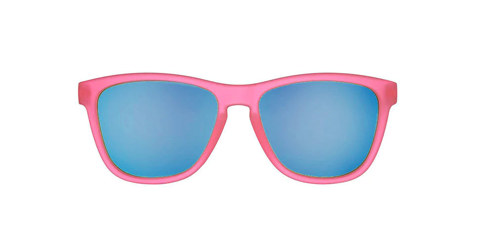 Flamingos On A Booze Cruise by Goodr in pink with teal lenses, lightweight running glasses best for outdoor runs and travel