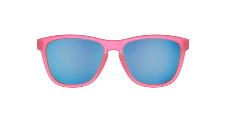 Flamingos On A Booze Cruise by Goodr in pink with teal lenses, lightweight running glasses best for outdoor runs and travel