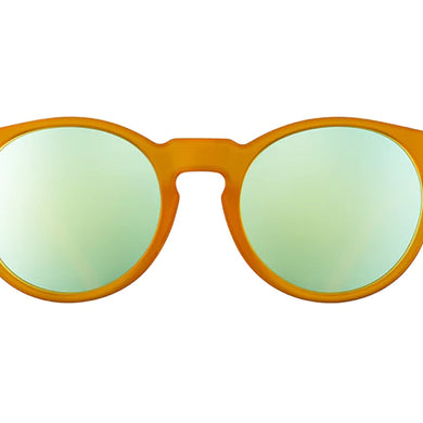 Freshly Baked Man Buns by Goodr in amber with green mirrored lenses, lightweight glasses designed for daily outdoor use and style