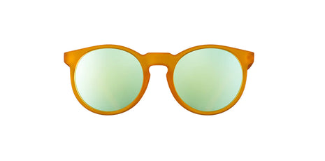Freshly Baked Man Buns by Goodr in amber with green mirrored lenses, lightweight glasses designed for daily outdoor use and style
