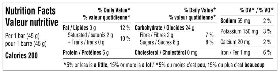 OSnack Peanut Butter & Jam by Hornby Organic nutrition facts label showing calories 200, protein 6g, carbs 24g, fat 12g per 45g bar