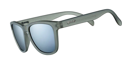Goodr Going to Valhalla... Witness! sunglasses, translucent grey frame with silver mirrored lenses, side angle