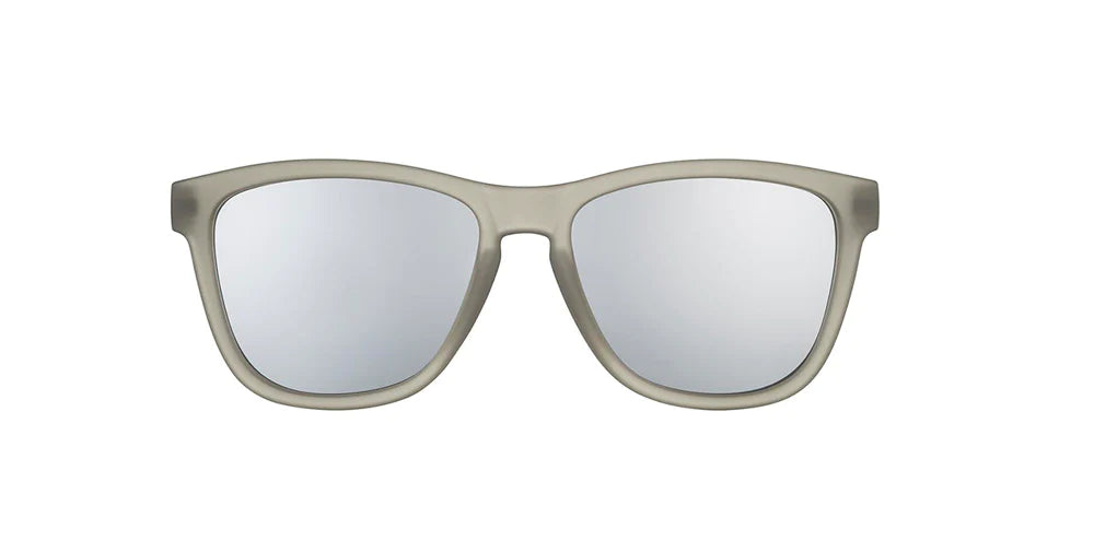 Front view of Goodr Going to Valhalla... Witness! sunglasses with grey frame and silver mirrored lenses