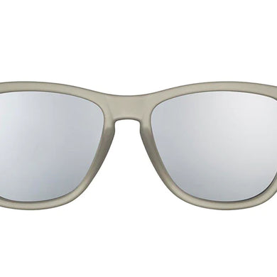 Front view of Goodr Going to Valhalla... Witness! sunglasses with grey frame and silver mirrored lenses