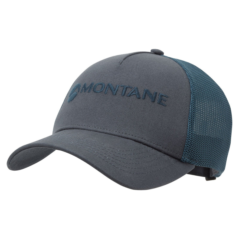 Basecamp Cap Unisex by Montane in dark grey and blue, cotton canvas with mesh back, COOLMAX headband, adjustable for outdoor use