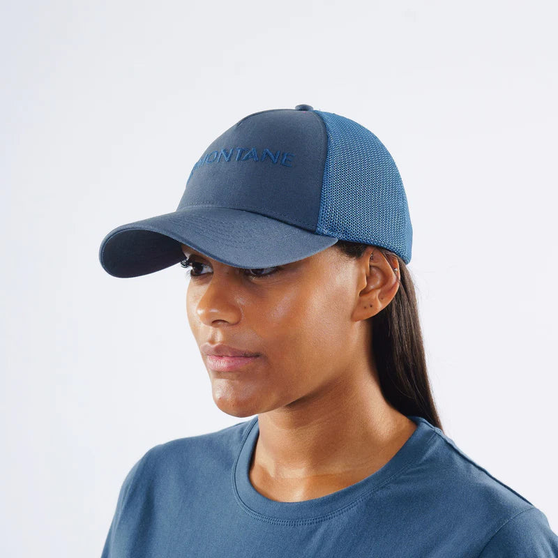 Basecamp Cap Unisex by Montane in moonlight blue with cotton canvas front, mesh back, COOLMAX headband, adjustable for outdoor use