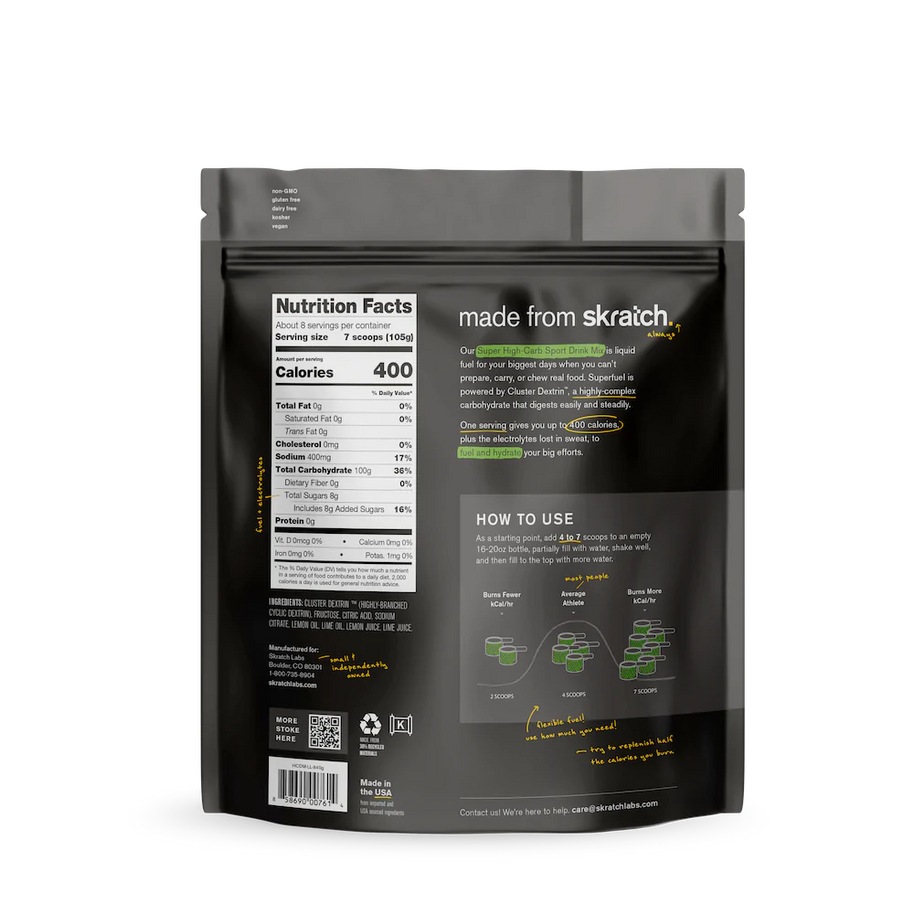 Super High-Carb Sport Drink Mix by Skratch Labs in black and grey, high-calorie sport drink for athletes needing fast fuel and electrolyte replacement