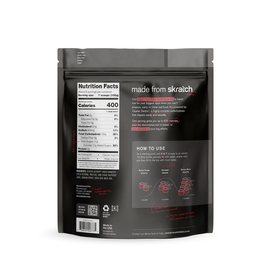 Super High-Carb Sport Drink Mix by Skratch Labs in black pouch, high-calorie liquid fuel for athletes needing extra energy and hydration