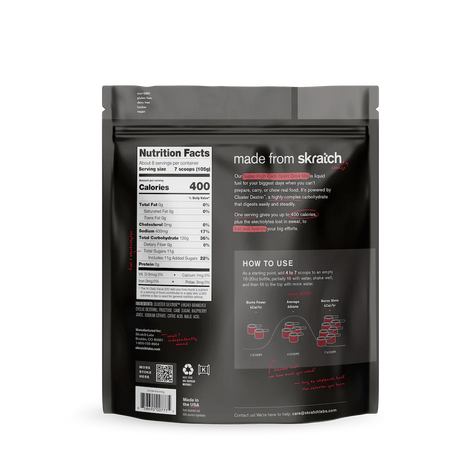 Super High-Carb Sport Drink Mix by Skratch Labs in black pouch, high-calorie liquid fuel for athletes needing extra energy and hydration