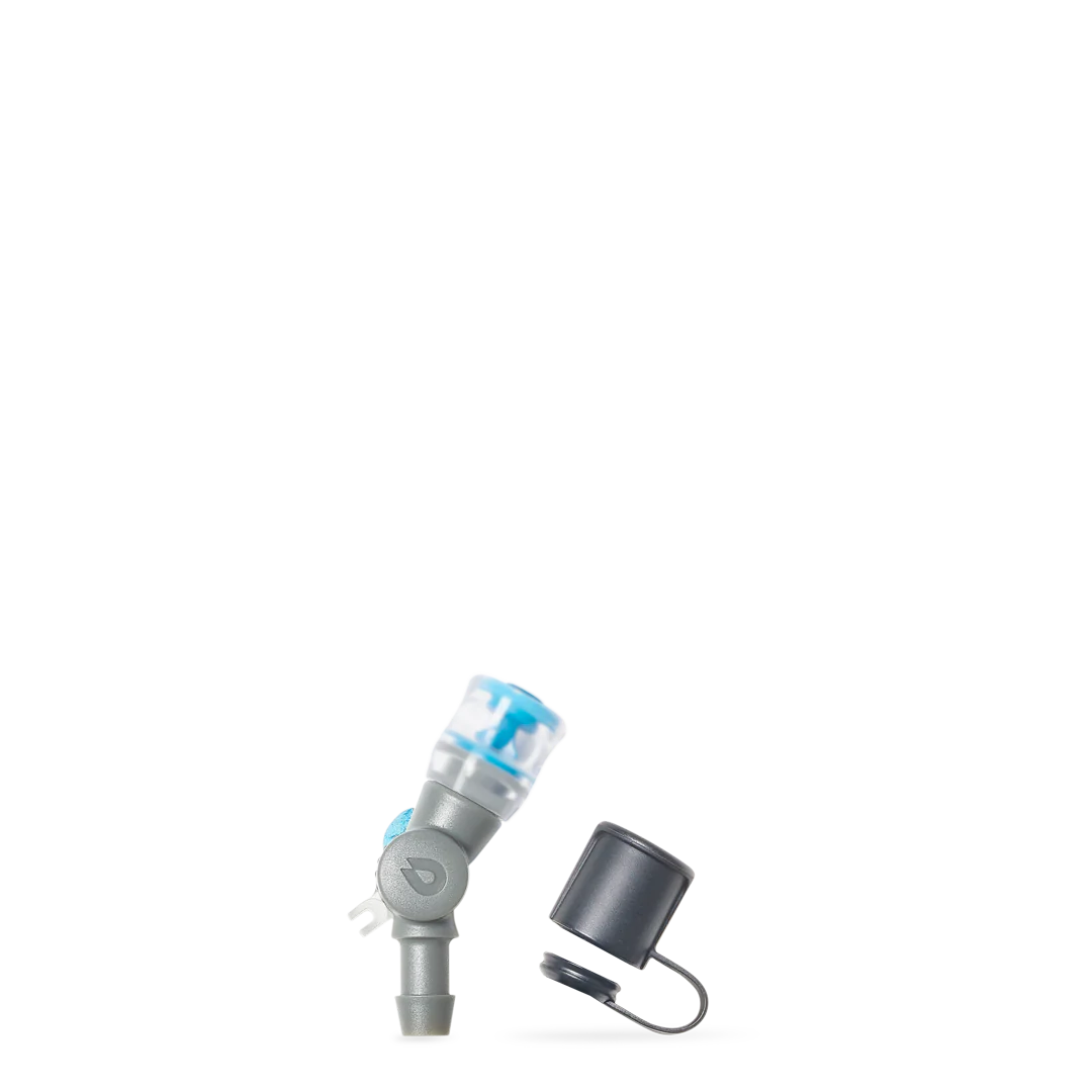 Comet Bite Valve by Hydrapak in grey and blue lightweight hydration valve with self-sealing sip and dust cover for leak prevention