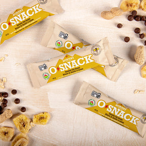 OSnack Chocolate Chip Banana by Hornby Organic in beige wrapper with peanut butter, banana, cinnamon, and dark chocolate chips, nutritious snack