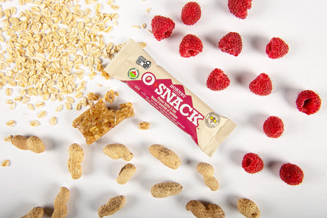 OSnack Peanut Butter & Jam by Hornby Organic in beige and red wrapper, organic snack with raspberry and peanut flavor from Canada