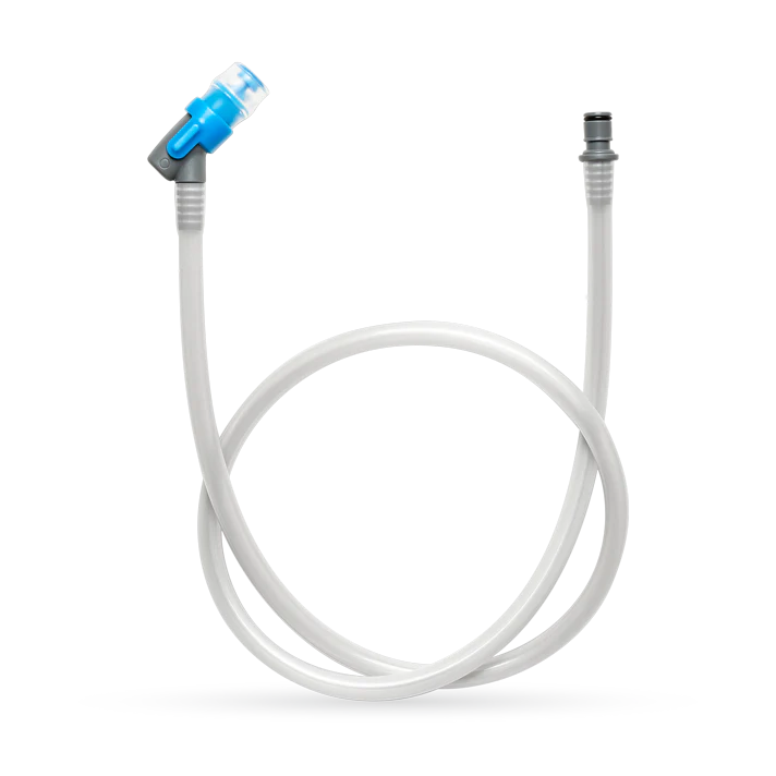 Hydraflex Tube by Hydrapak in clear with blue bite valve, non-kinking TPU hydration tube for fresh water flow and outdoor use