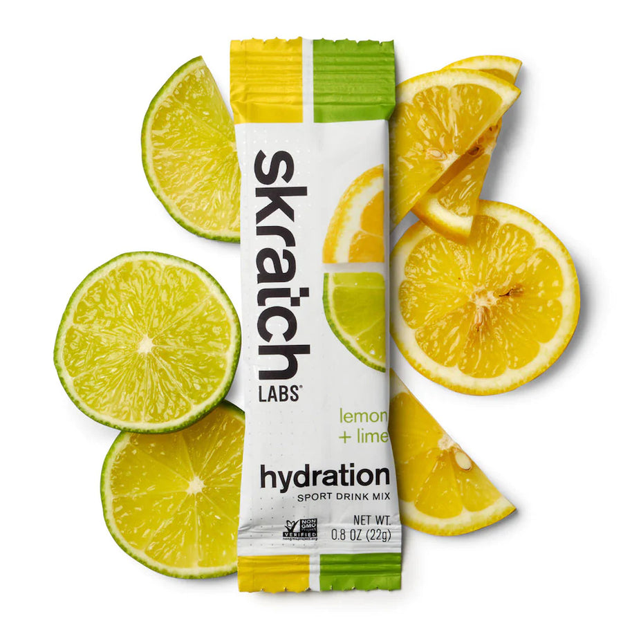 Sport Hydration Drink Mix lemon lime by Skratch Labs in yellow and green, electrolyte replacement for workout hydration and energy