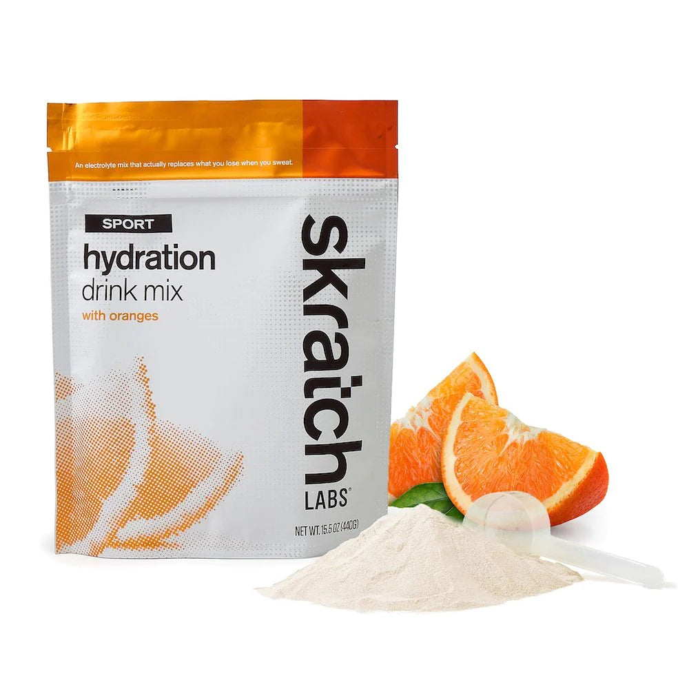 Sport Hydration Drink Mix by Skratch Labs in white and orange, electrolyte mix with orange flavor for energy and sweat replacement