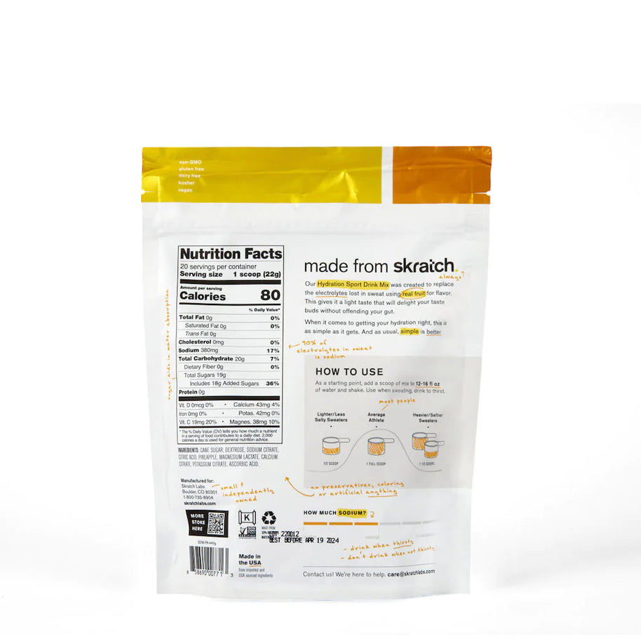 Sport Hydration Drink Mix by Skratch Labs in yellow and orange pouch, electrolyte replacement powder for energy and hydration during workouts