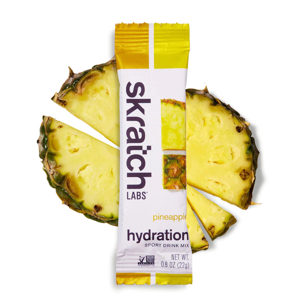 Sport Hydration Drink Mix by Skratch Labs in pineapple flavor, electrolyte replacement for energy during workouts, USA-based nutrition