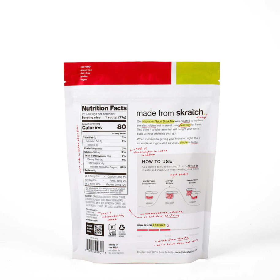 Sport Hydration Drink Mix by Skratch Labs in white red and yellow pouch, electrolyte replacement mix for workout energy and hydration