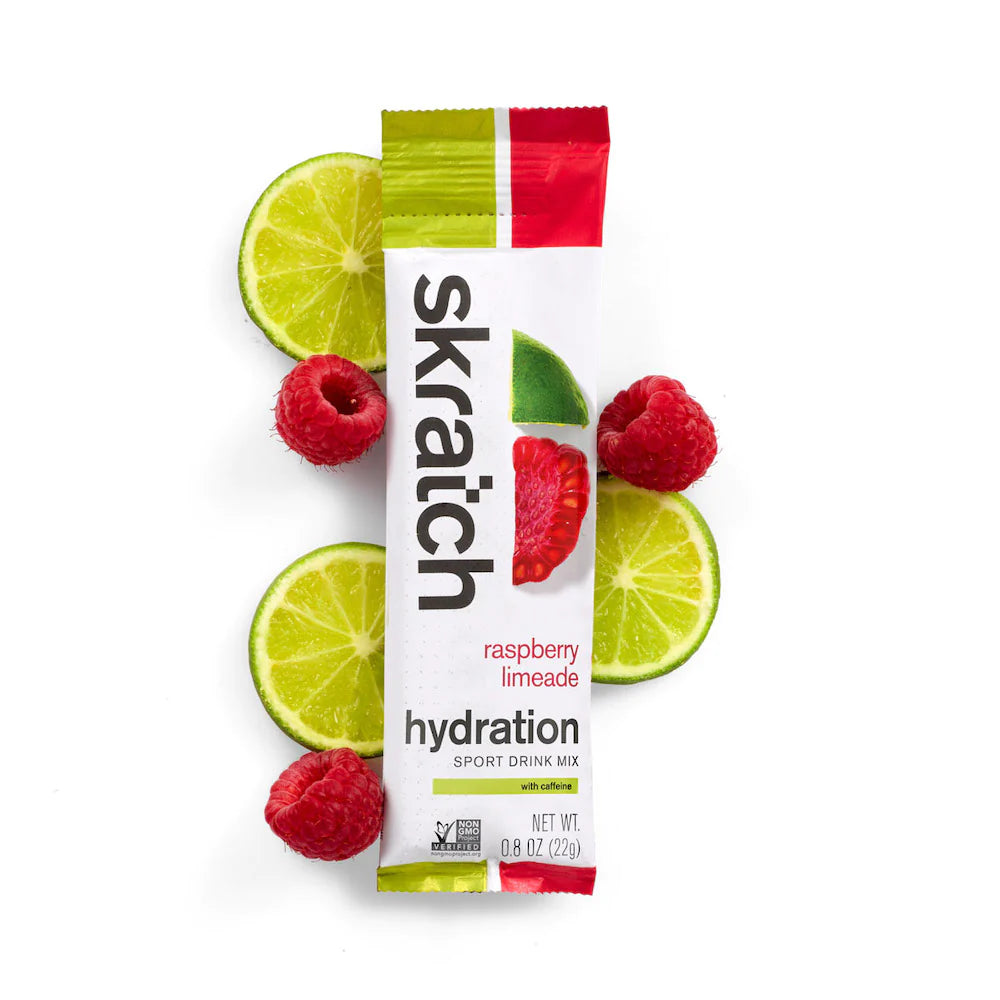 Sport Hydration Drink Mix raspberry limeade by Skratch Labs in red and green, electrolyte replacement with caffeine for active hydration