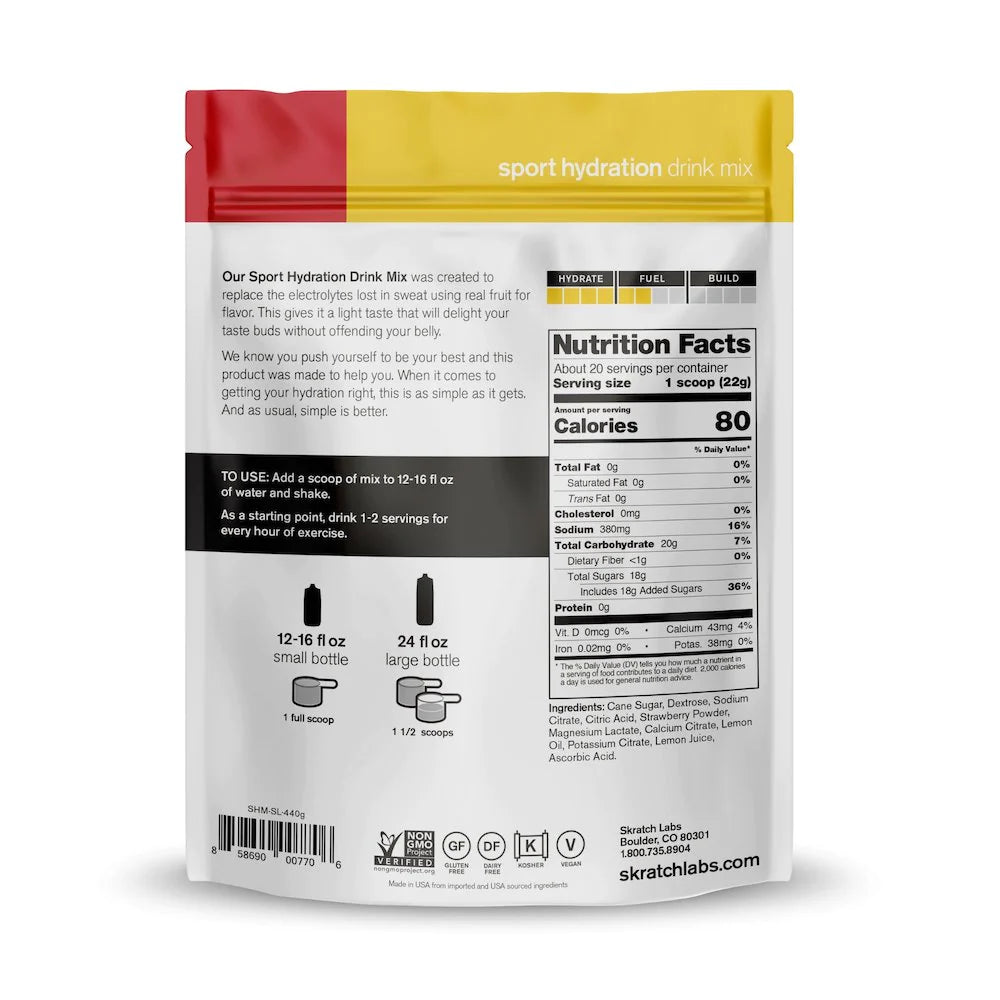 Sport Hydration Drink Mix by Skratch Labs in red and yellow pouch, electrolyte replacement with light real fruit flavor for workout hydration