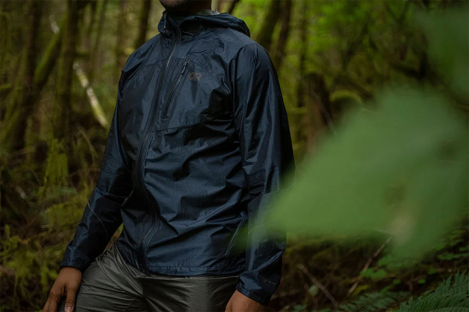 Helium Rain Jacket - Men by Outdoor Research in dark blue, lightweight, waterproof, durable jacket ideal for outdoor protection and running