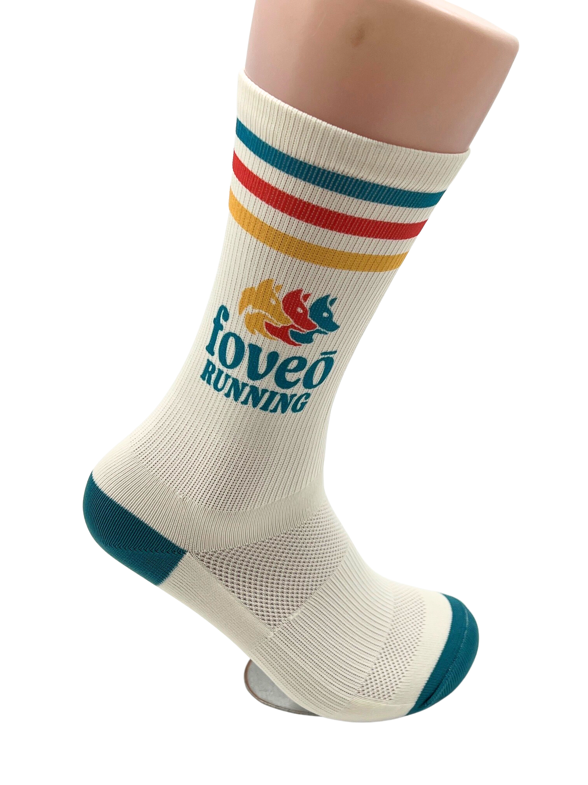 Foveō Running Socks by Outway in cream with teal, red, yellow stripes, moisture-wicking, arch support, reinforced heel/toe for running