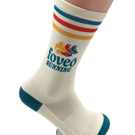 Foveō Running Socks by Outway in cream with teal, red, yellow stripes, moisture-wicking, arch support, reinforced heel/toe for running