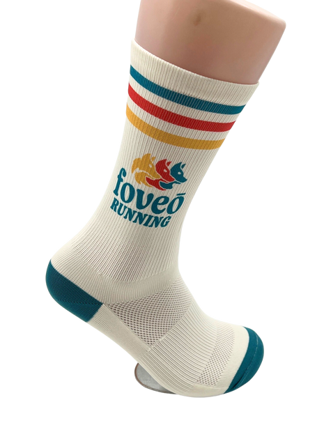 Foveō Running Socks by Outway in cream with teal, red, yellow stripes, moisture-wicking, arch support, reinforced heel/toe for running