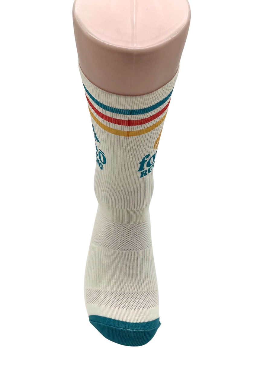 Foveō Running Socks by Outway in white with teal, red, and yellow stripes, moisture-wicking, cushioned arch support for running