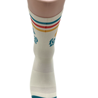 Foveō Running Socks by Outway in white with teal, red, and yellow stripes, moisture-wicking, cushioned arch support for running