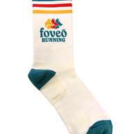 Foveō Running Socks by Outway in white with teal heel and toe, moisture-wicking running socks with arch support and reinforced heel/toe