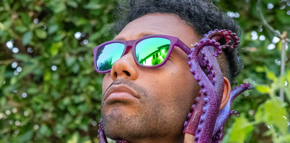 Gardening With A Kraken by Goodr in purple with teal lenses, durable glasses inspired by tentacle textures for unique style and outdoor use