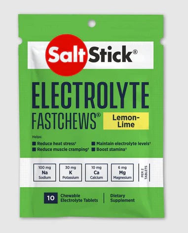 Saltstick Fastchews 10-Tab pack in green lemon-lime, chewable electrolyte tablets with sodium, potassium, magnesium for stamina and muscle support