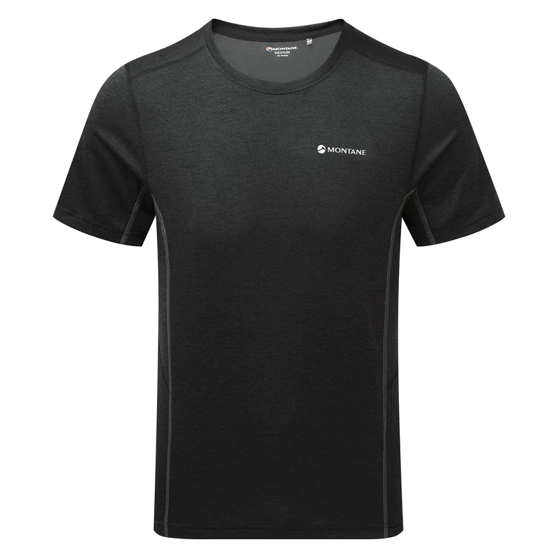 Dart T-Shirt - Men by Montane in black, technical recycled fabric with warmth, breathability, and moisture wicking for all-mountain use