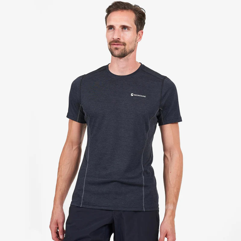 Dart T-Shirt - Men by Montane in dark navy with recycled APEX ECO fabric, technical short sleeve for all-season warmth and breathability