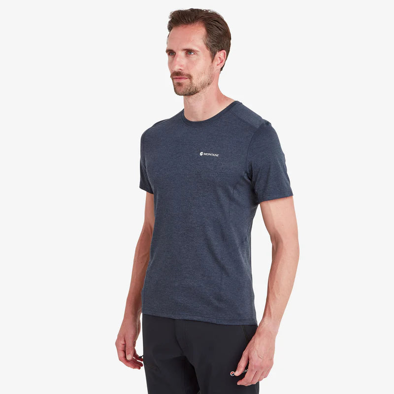 Dart T-Shirt - Men by Montane in moonlight blue, 100% recycled APEX ECO fabric with warmth, wicking, breathability for all-season use