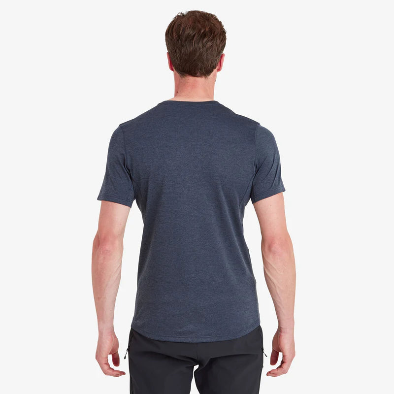 Dart T-Shirt - Men by Montane in dark blue, 100% recycled fabric with warmth, wicking, and breathability for all-season outdoor use